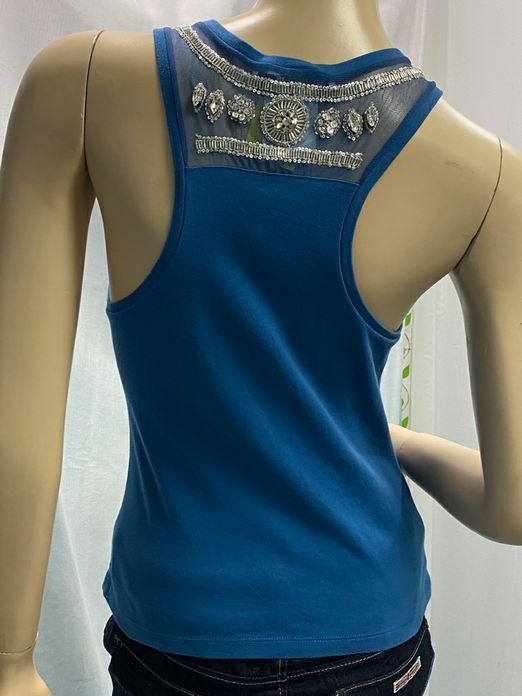 Christian Dior Blue Cotton Tank Top Rhinestone Beading Size 8