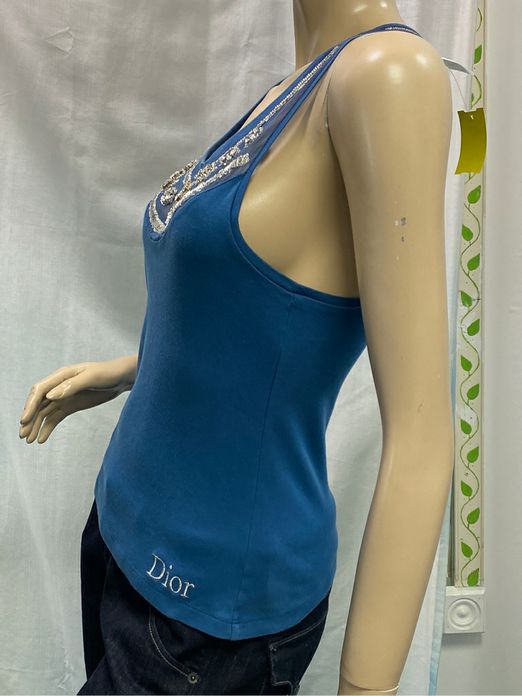 Christian Dior Blue Cotton Tank Top Rhinestone Beading Size 8