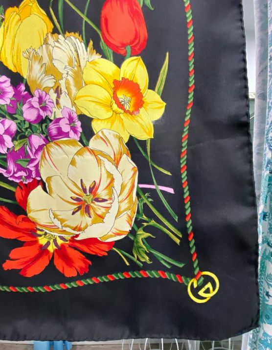 Vintage Gucci Black Floral Tulipano Silk Scarf