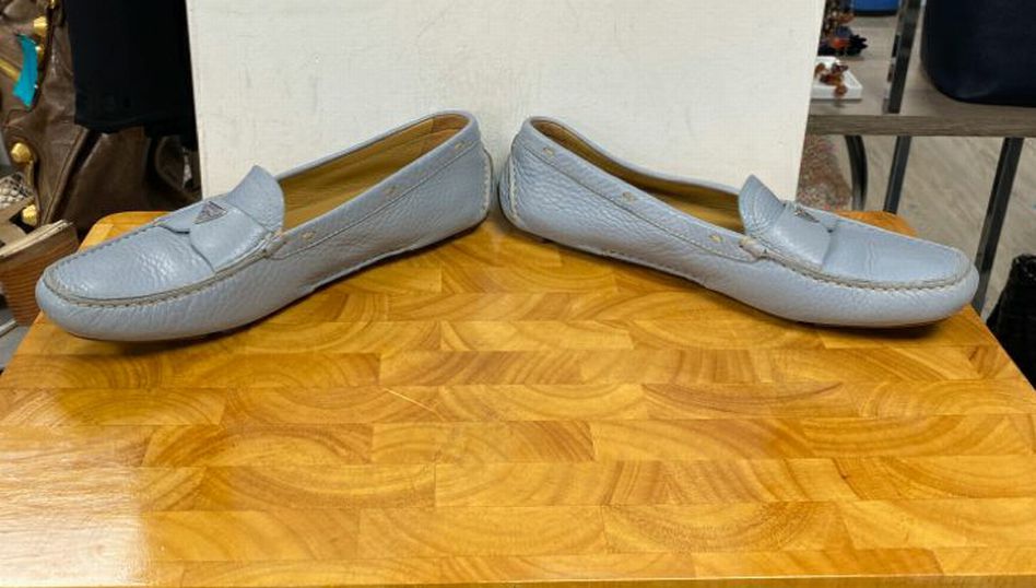 Prada Light Blue Pebbled Leather Loafers Size 38.5 US 8 8.5