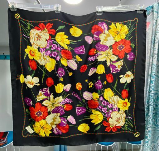 Vintage Gucci Black Floral Tulipano Silk Scarf