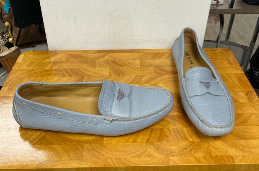 Prada Light Blue Pebbled Leather Loafers Size 38.5 US 8 8.5