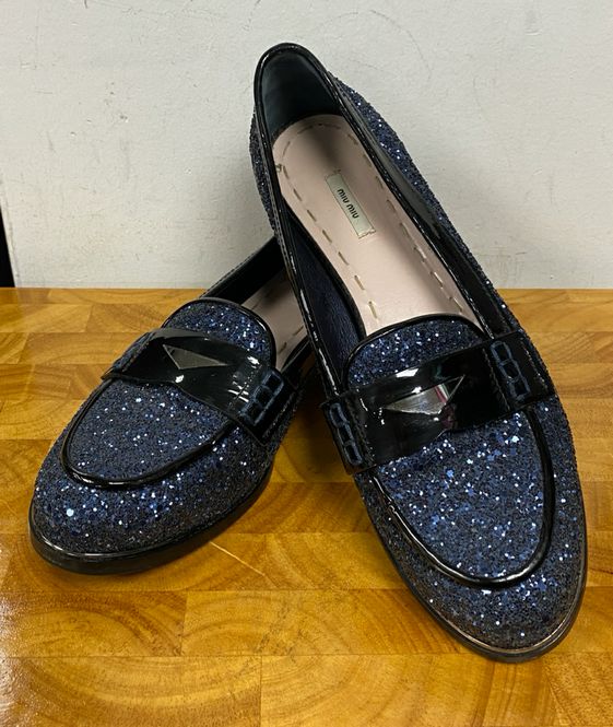 Miu Miu Blue Glitter Loafer Flats Size 39 US 8.5/9