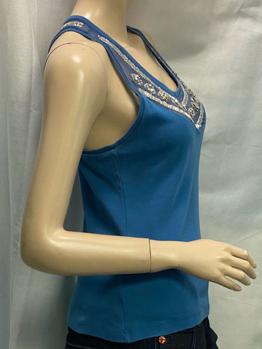 Christian Dior Blue Cotton Tank Top Rhinestone Beading Size 8