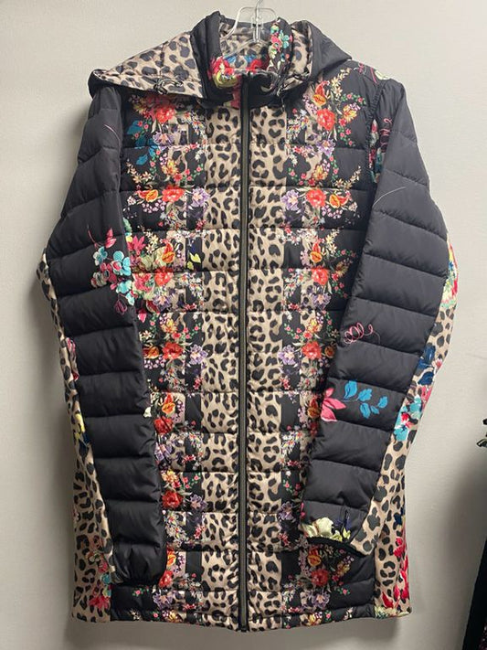 Johnny Was Reversible Puffer Coat Leopard Floral Prints Size S Hood