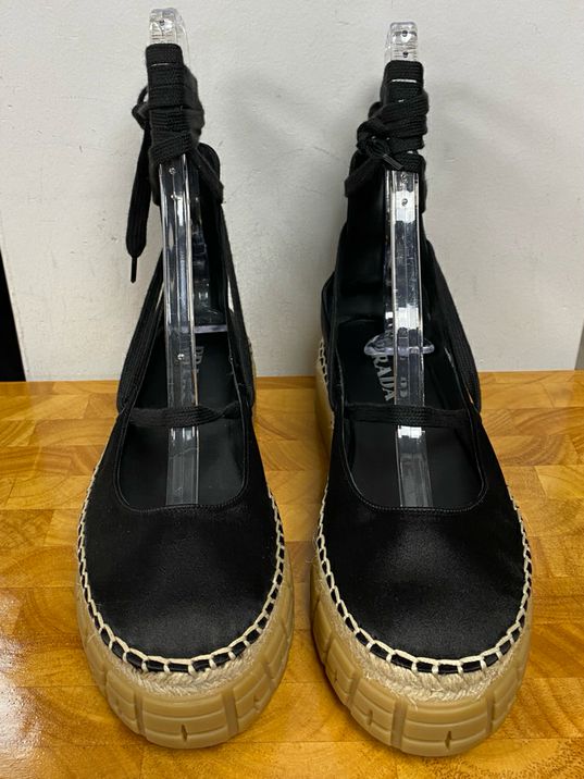 Prada Black Satin Mary Jane Flatforms w/ Ankle Ties Size 39 US 8.5/9