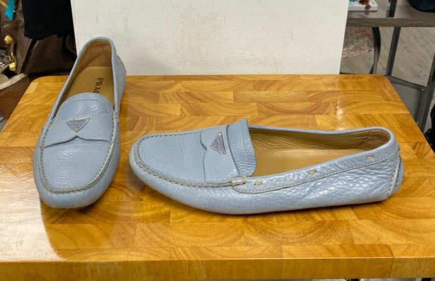 Prada Light Blue Pebbled Leather Loafers Size 38.5 US 8 8.5